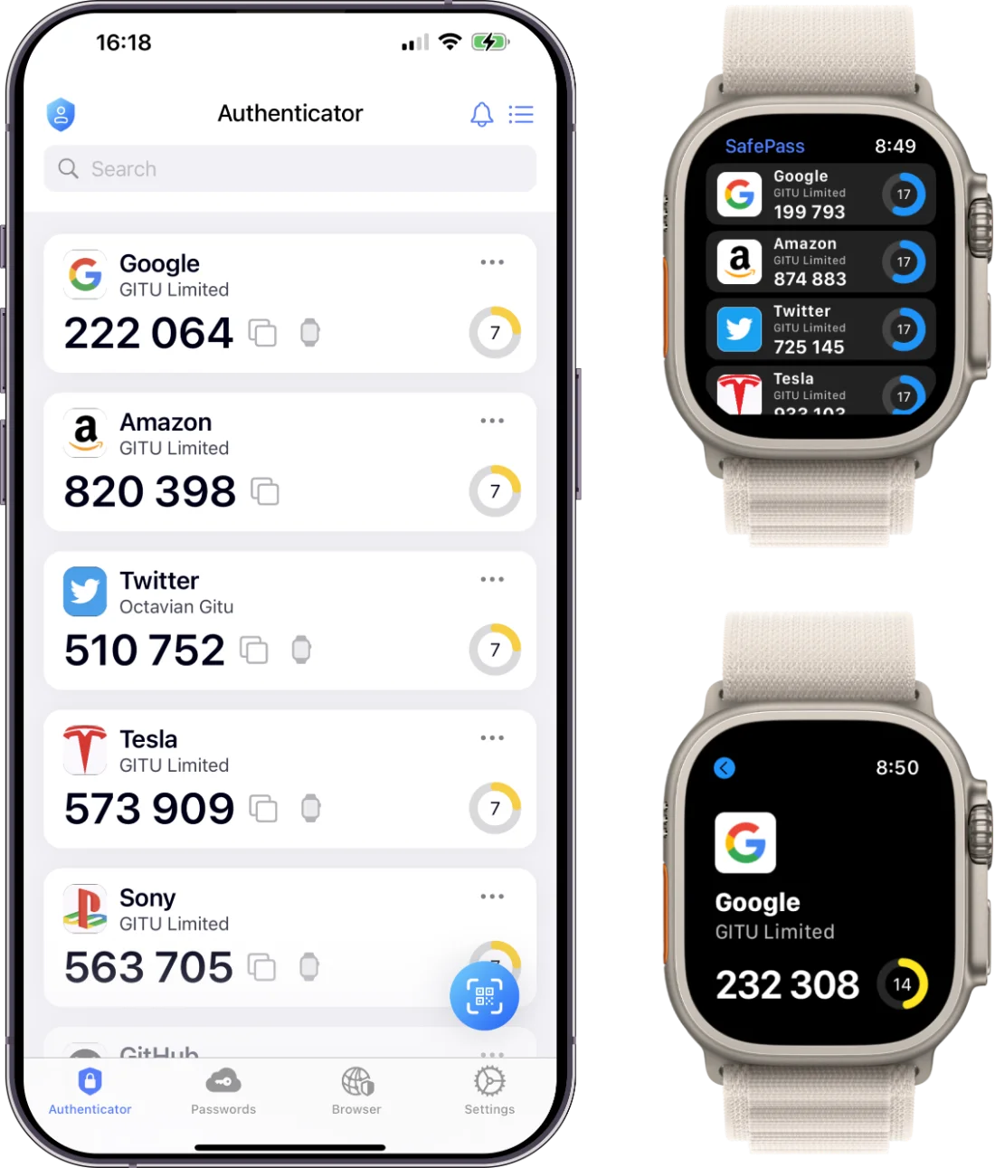 SafePass authenticator app 2FA codes on iPhone and Apple Watch
